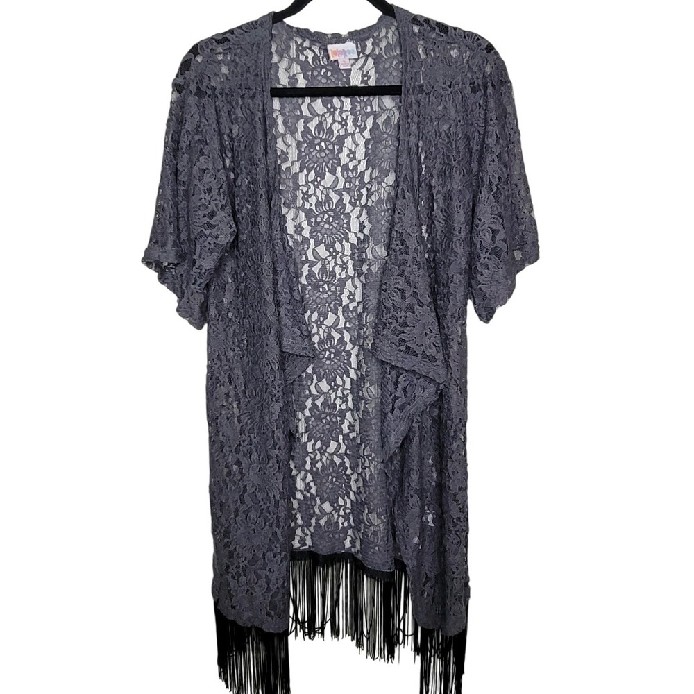 LuLaRoe Monroe Women's Cardigan Sz S Gray Lace Black Waterfall Fringe Hem Witchy